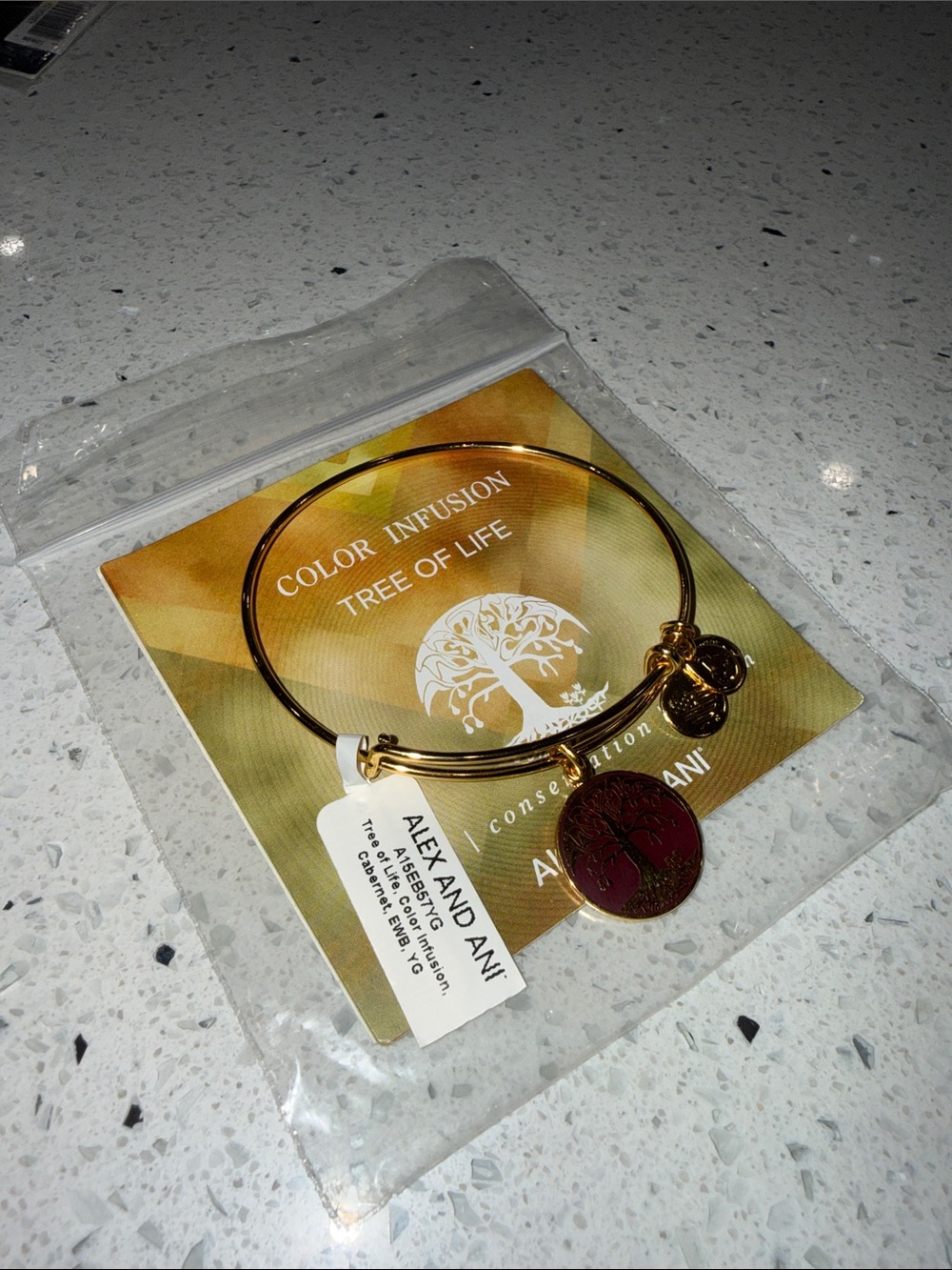 Alex and Ani Gold Tree of Life Bangle with Red Disc Charm